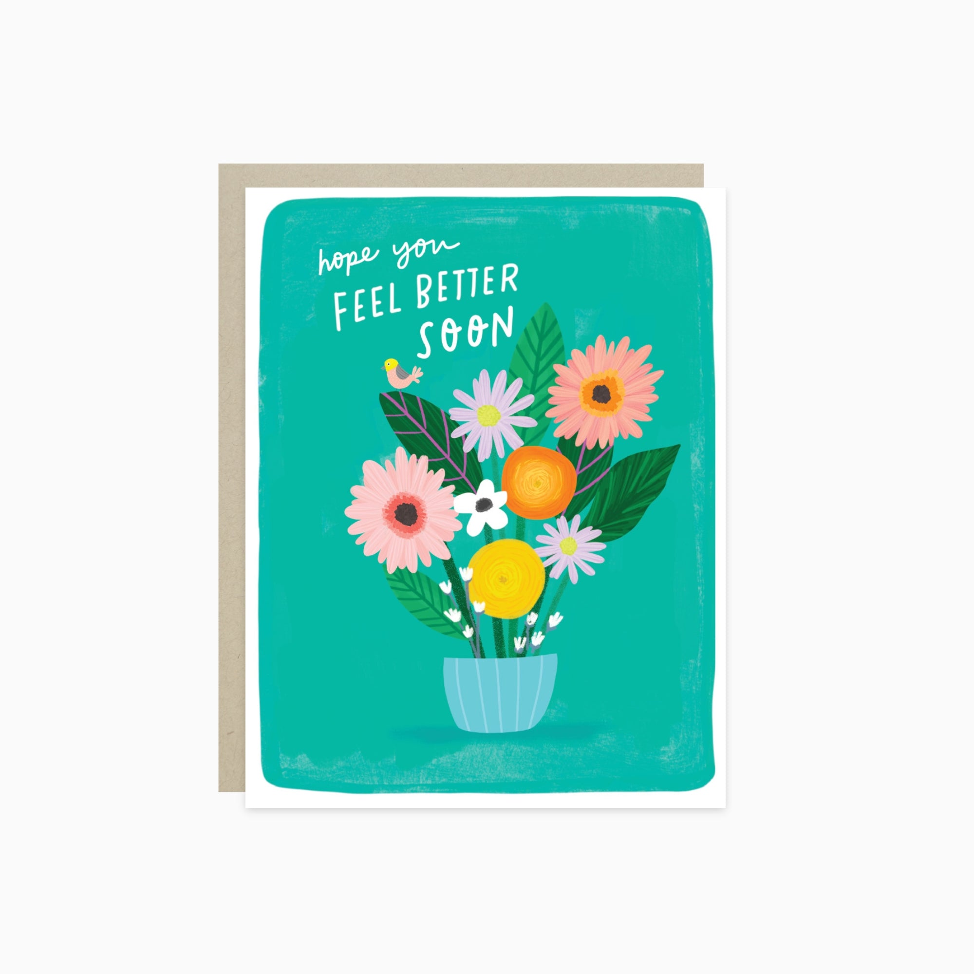 Get well greeting card with flowers and 'hope you feel better soon' text on a teal background