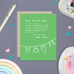 Baby greeting card with clothes hanging and 'dear future mom...' text