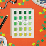 A st. patricks day greeting card with a grid of illustrated green beers in various shades and the text 'DRINK GREEN BEER - IRISH PROVERB'.