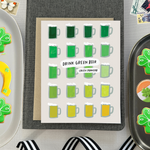 A st. patricks day greeting card with a grid of illustrated green beers in various shades and the text 'DRINK GREEN BEER - IRISH PROVERB'.