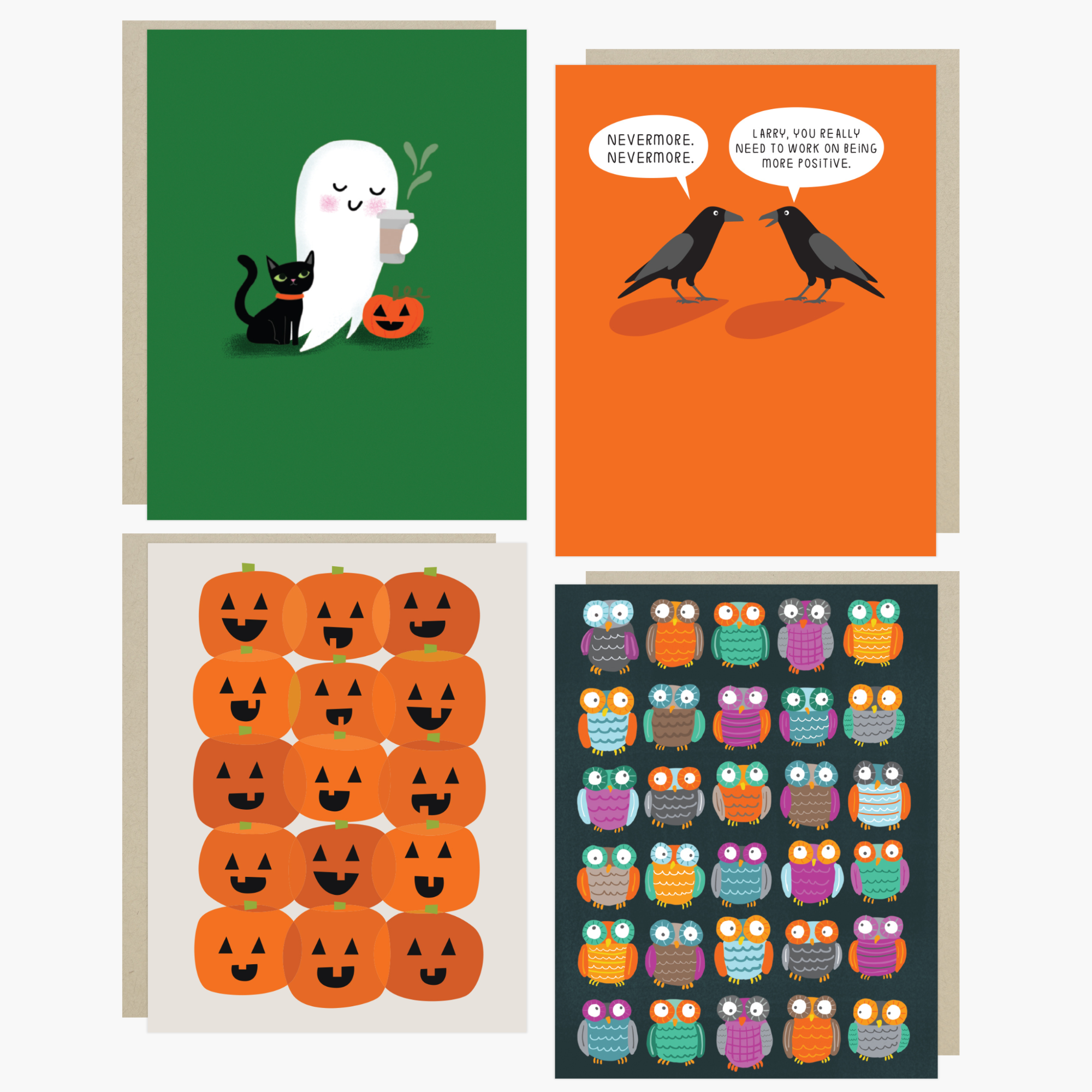 Collection of four Halloween greeting cards featuring an adorable ghost with black cat and coffee, one with 2 funny ravens saying "Nevermore," one with a jack-o-lantern pattern, and one with an owl pattern on a white background.