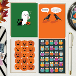 Collection of Halloween-themed greeting cards with a pen and autumn leaves featuring an adorable ghost with black cat and coffee, one with 2 funny ravens saying "Nevermore," one with a jack-o-lantern pattern, and one with an owl pattern on a white linen background.