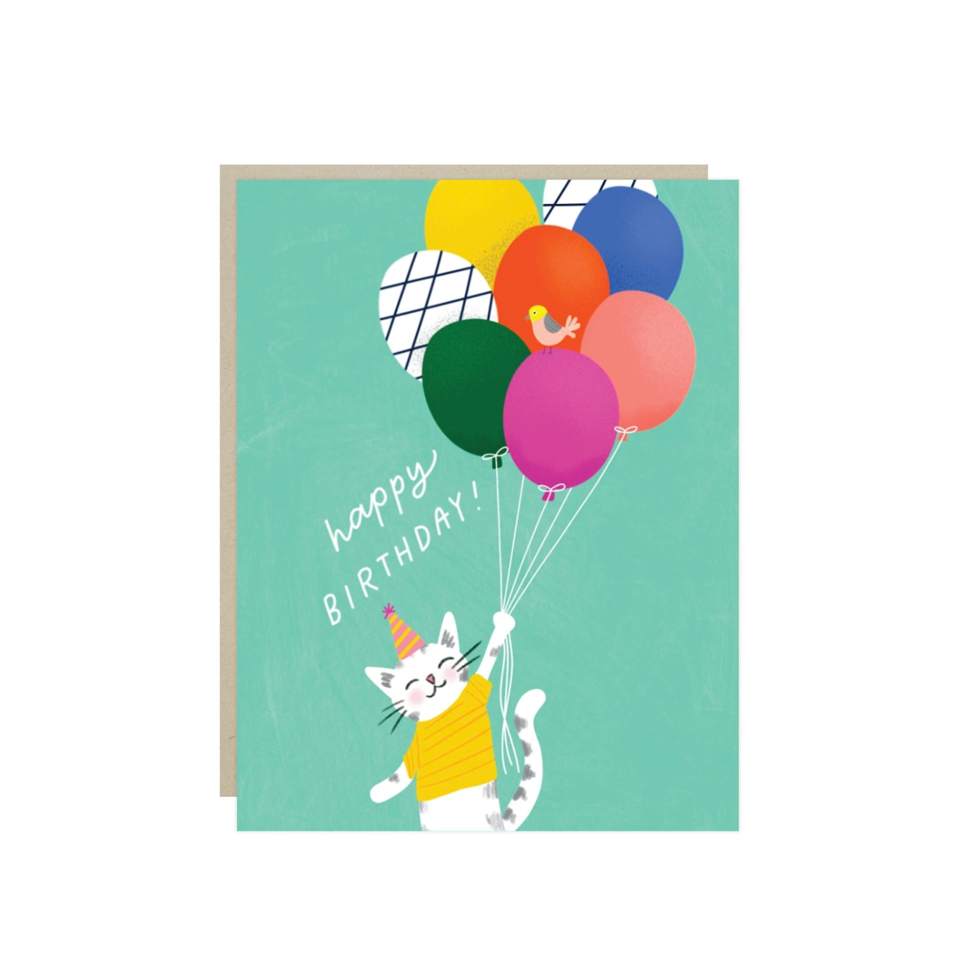 Birthday card with a smiling cat in a party hat floating on a bunch of balloons and the words 'Happy Birthday'.