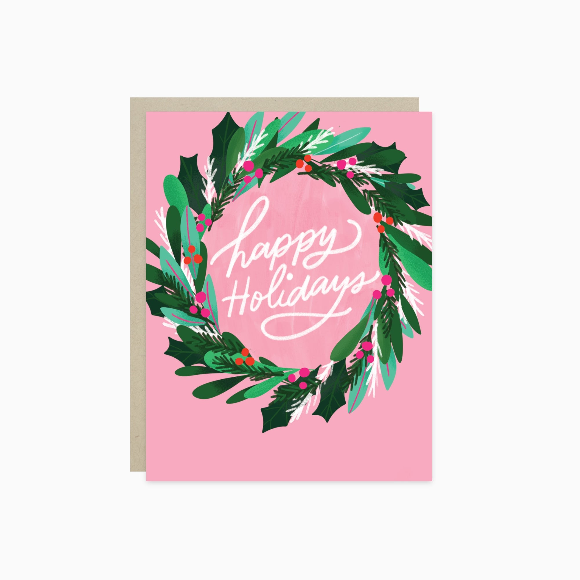 Christmas card with wreath and 'Happy Holidays' text