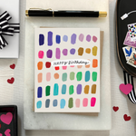 A colorful birthday card with paint swatch-like designs in various colors and the text 'Happy Birthday' on it.