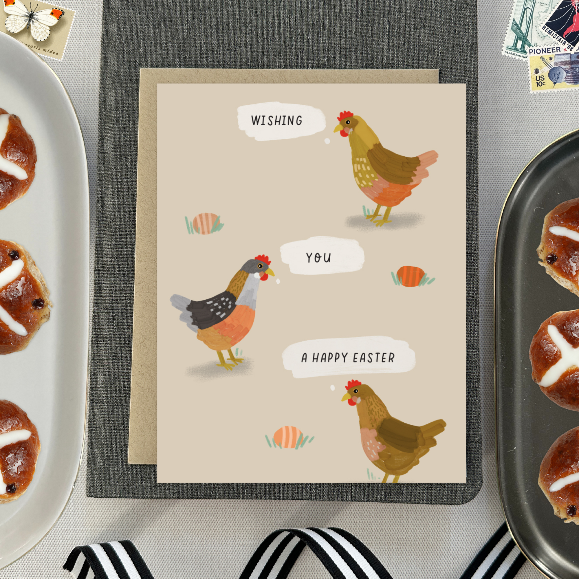 Easter greeting card with 3 chickens and 3 eggs with the text 'wishing you a happy easter