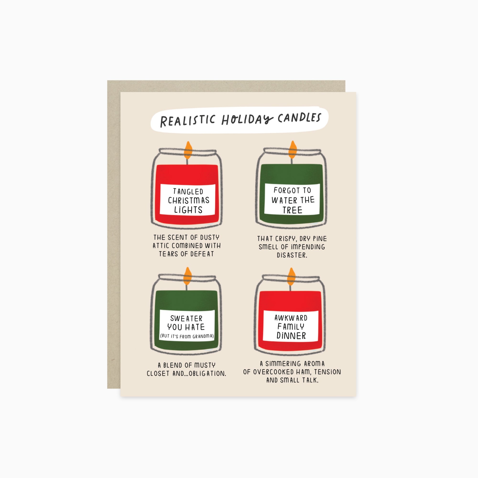 Holiday greeting card with humorous candle descriptions 