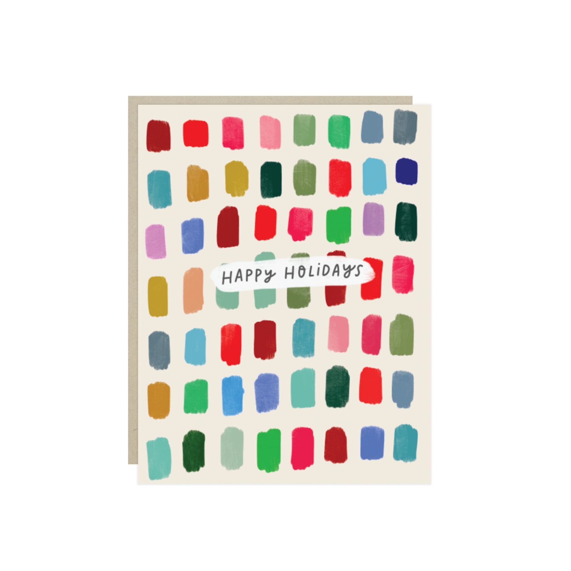 Holiday card with a grid of colorful painted swatches and the words 'Happy Holidays'.