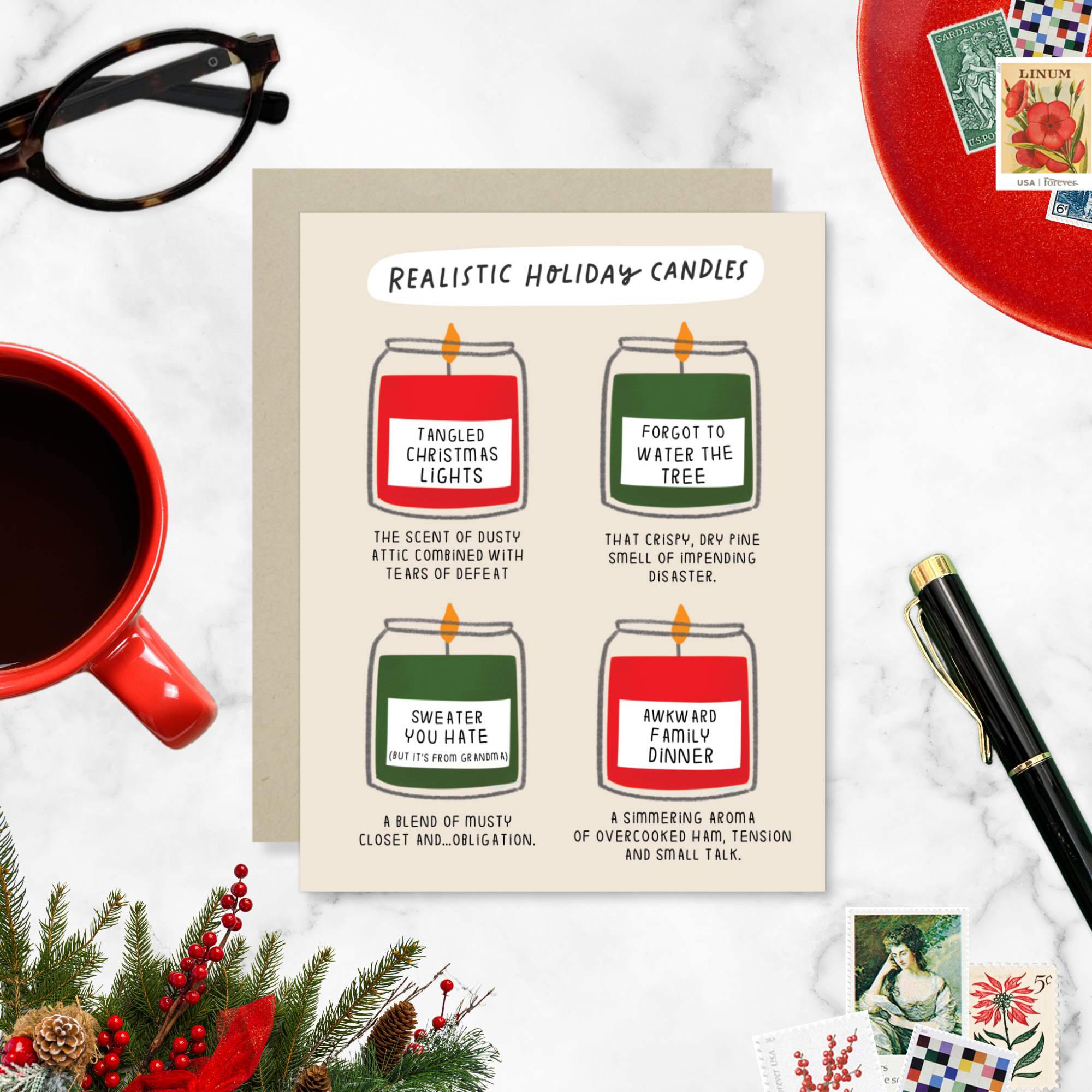 Holiday greeting card with humorous candle descriptions 
