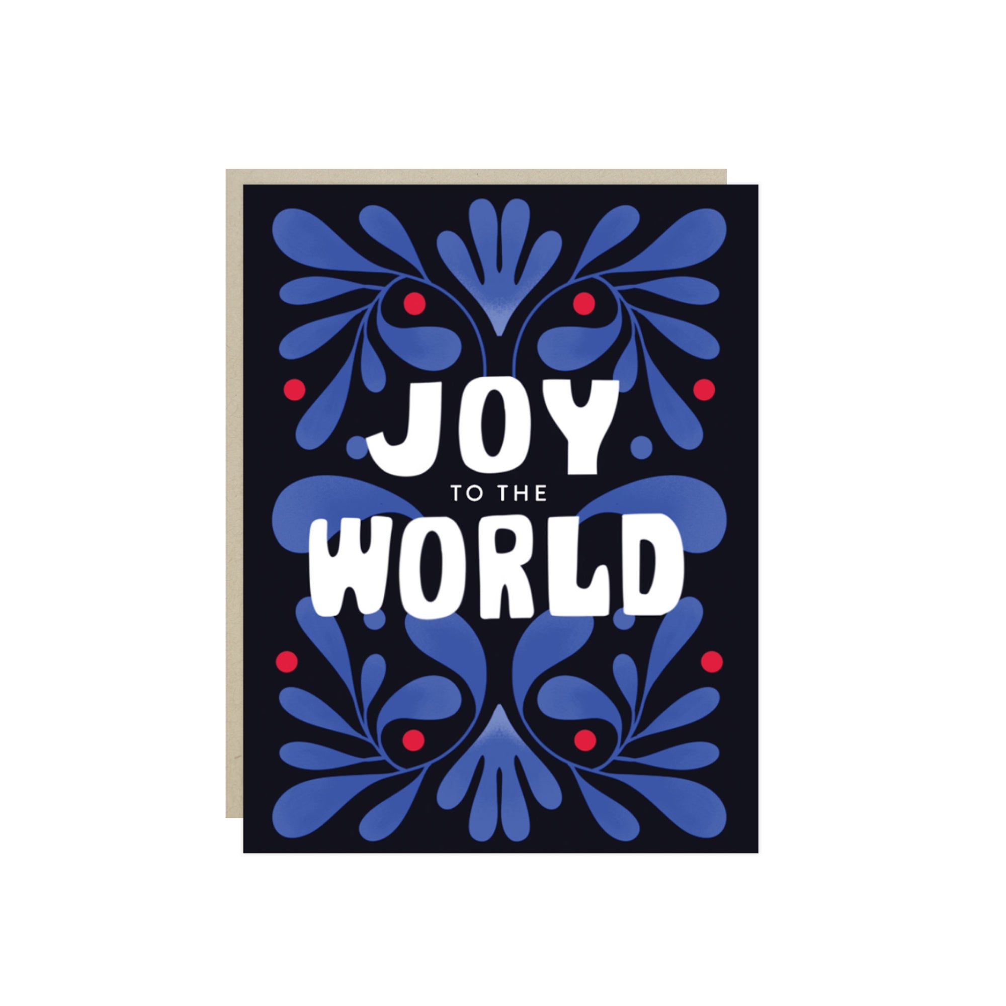 Christmas card with bold 'Joy to the World' lettering on a navy background framed by blue folk-art florals and red berries.
