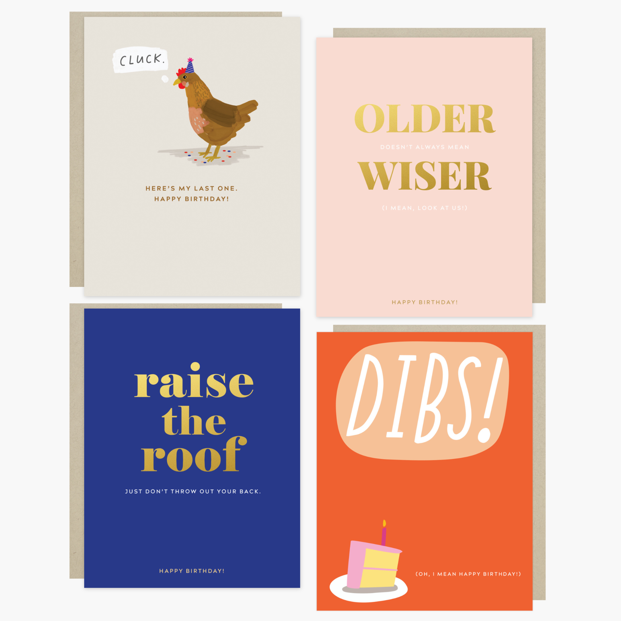4-pack of funny birthday cards created by Barone & Co. featuring a chicken's last cluck, raise the roof but don't throw your back out, older but not wiser, and dibs on your birthday cake with greige envelopes on white background