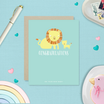 Baby greeting card with 2 lions and 'congratulations' text
