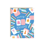 Birthday card with mahjong tiles mixed with cake, balloons and confetti and the words 'Happy Birthday'.
