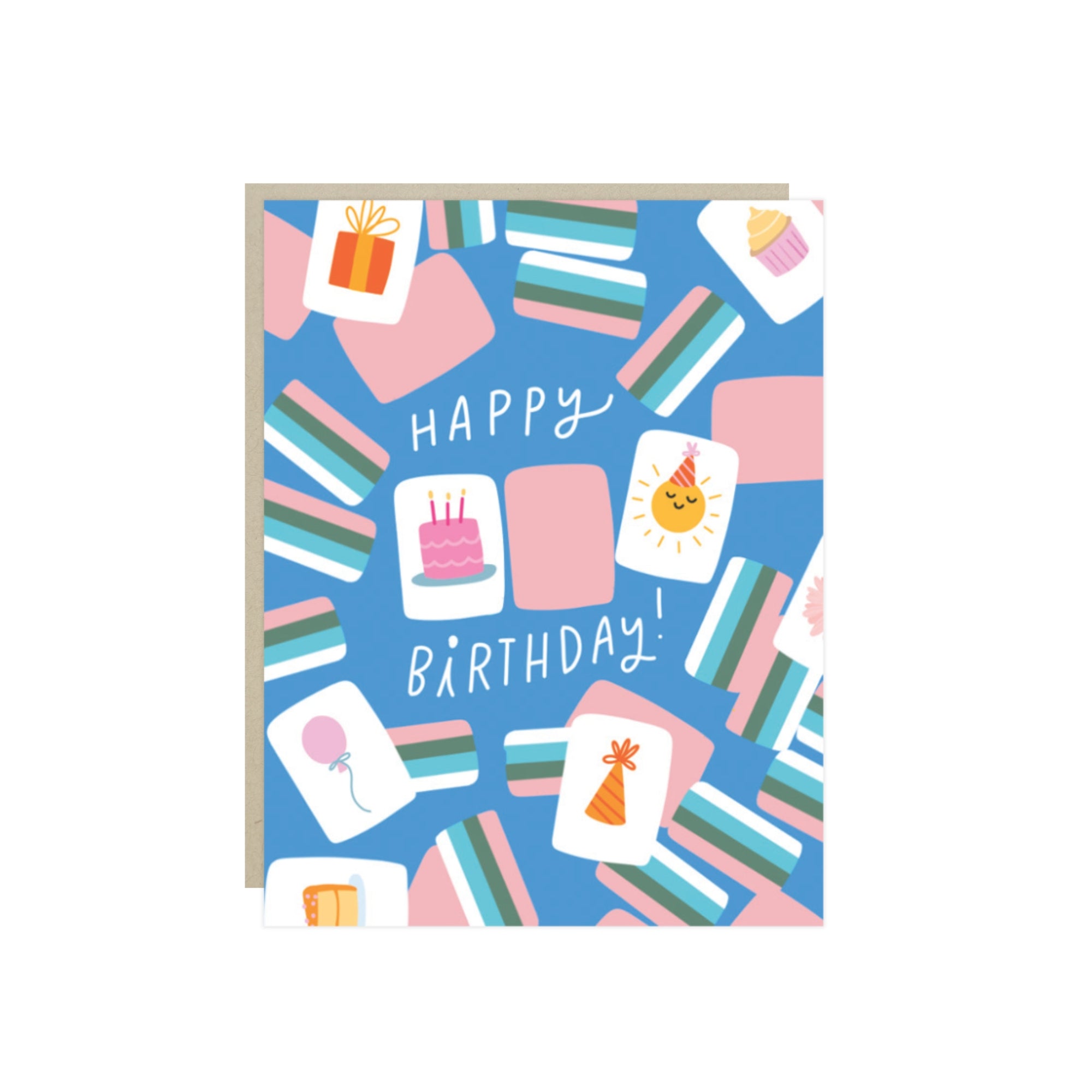 Birthday card with mahjong tiles mixed with cake, balloons and confetti and the words 'Happy Birthday'.