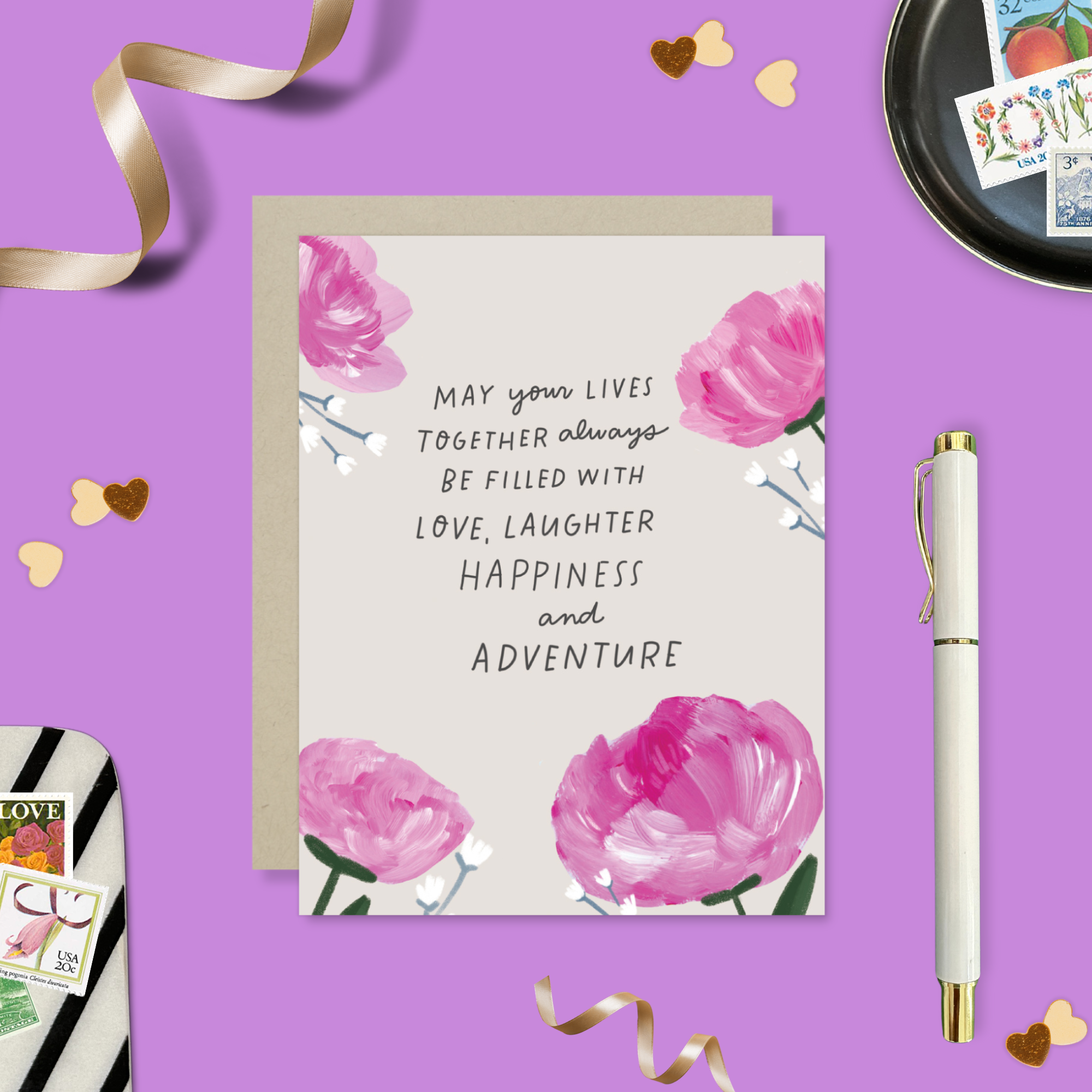 A wedding greeting card with hand-painted hydrangeas and a handwritten message.