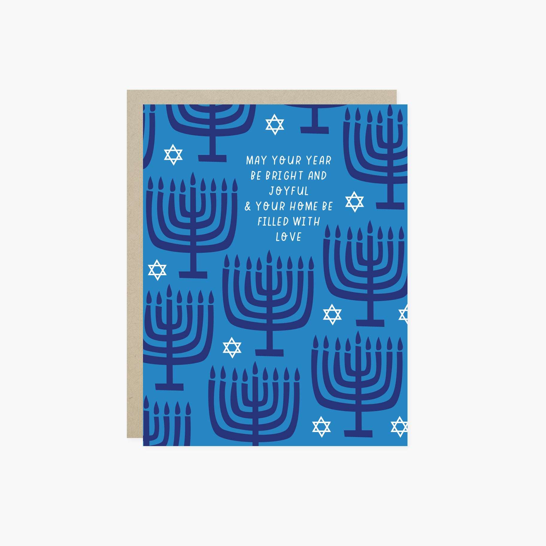 Hannukah greeting card with menorahs and stars of David scattered with 'may your year be bright and joyful & your home be filled with love' text
