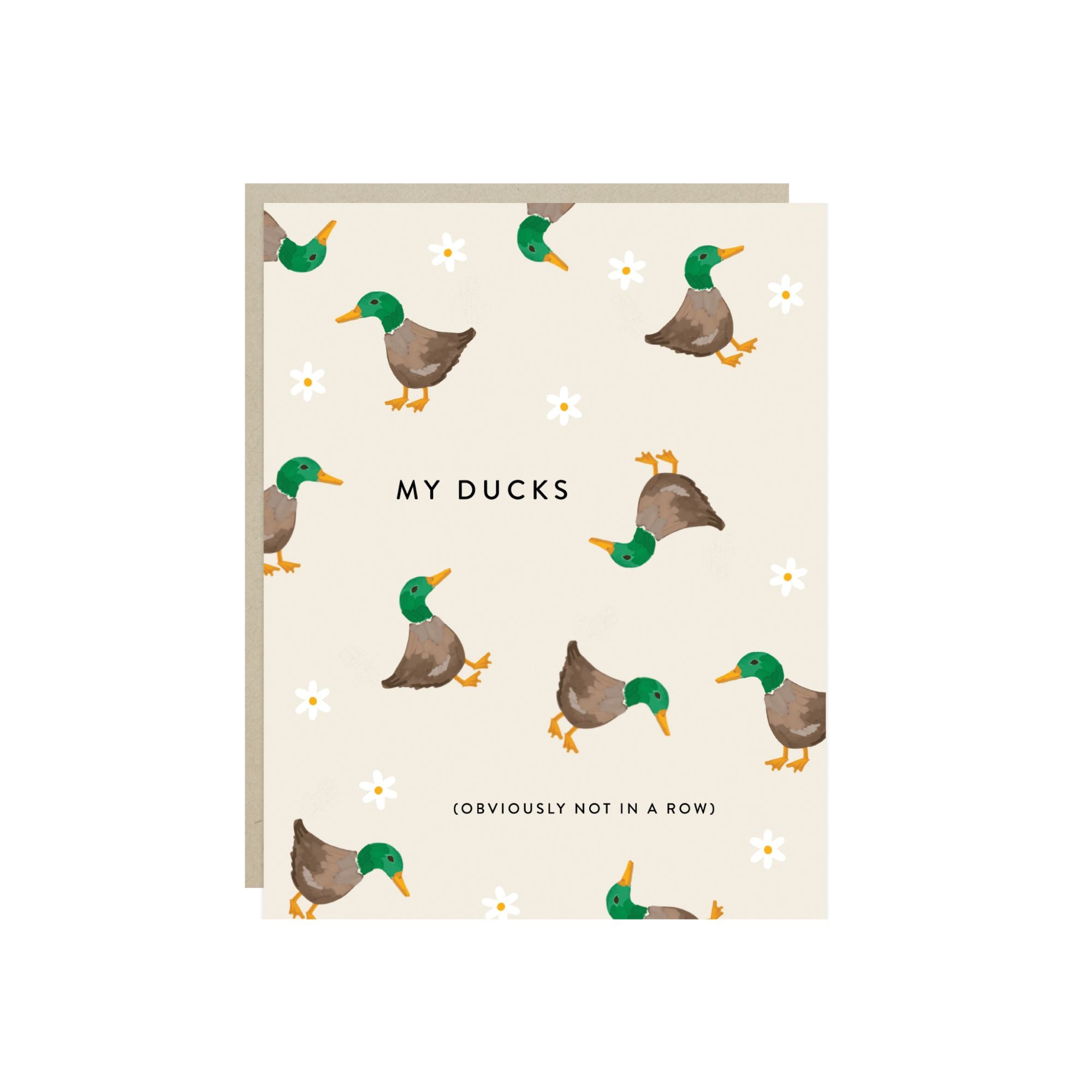 Funny greeting card with illustration of chaotic ducks and humorous text about letting go of perfection