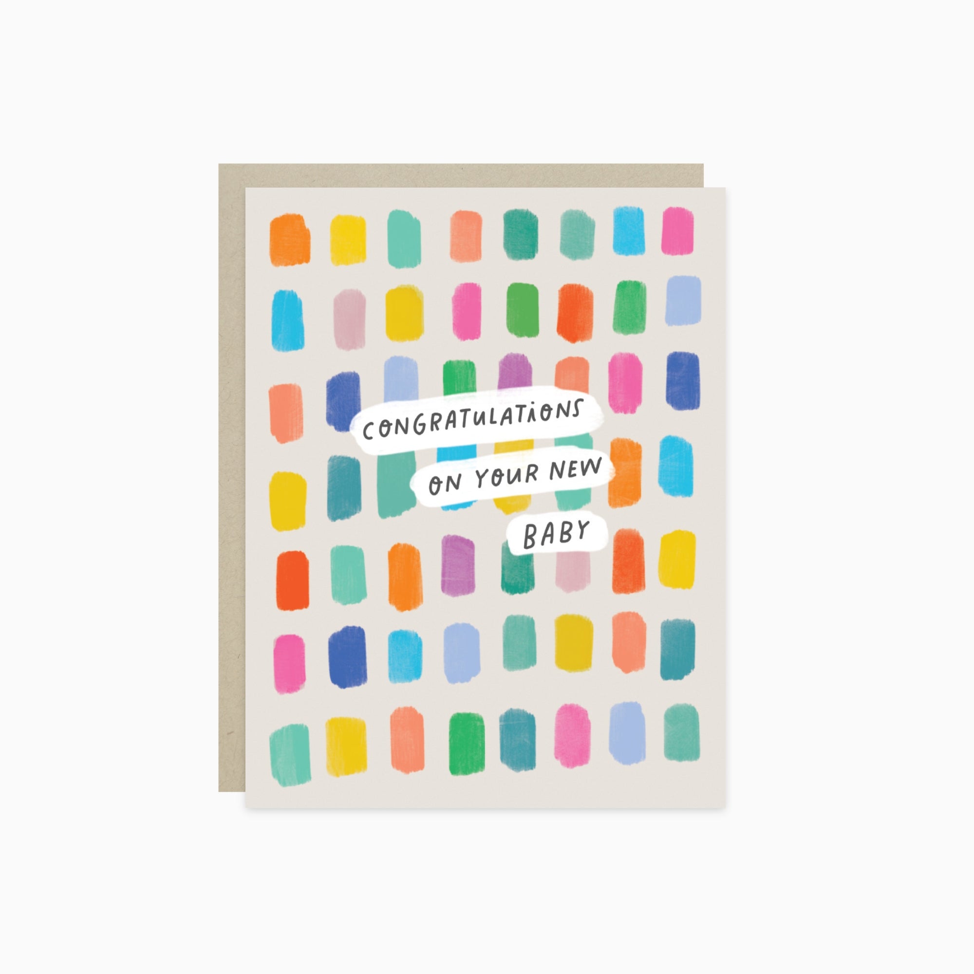 New baby greeting card with colorful pattern and 'Congratulations on your new baby' text on a white background