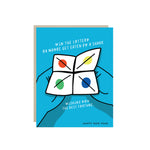 Funny New Year card with a paper fortune-teller promising you'll either win the lottery or maybe get eaten by a shark.