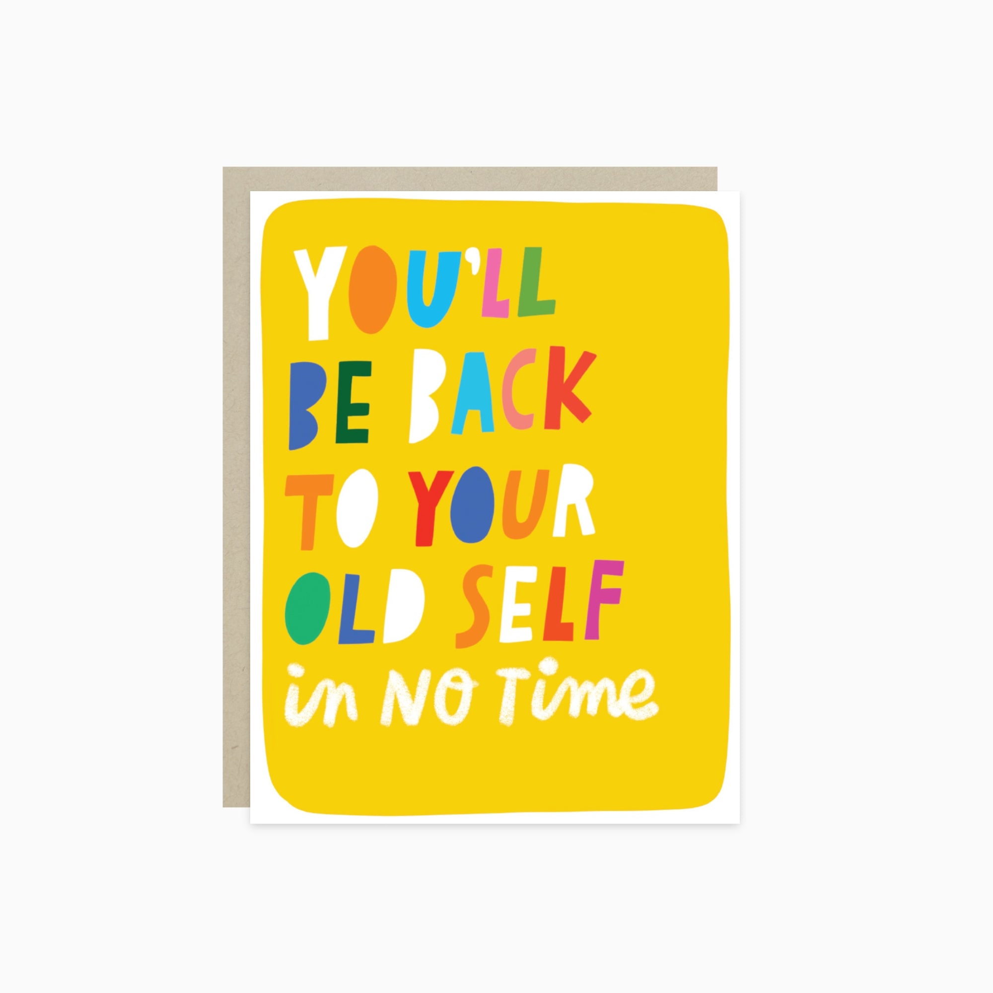 Get well yellow greeting card with colorful text on a white background