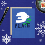  hand-painted holiday reeting card with a blue background featuring a white bird and the word 'PEACE' in capital letters.