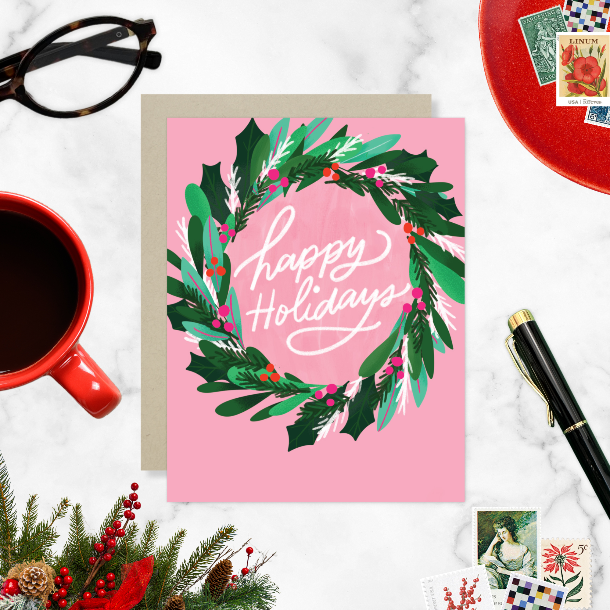 Christmas card with wreath and 'Happy Holidays' text
