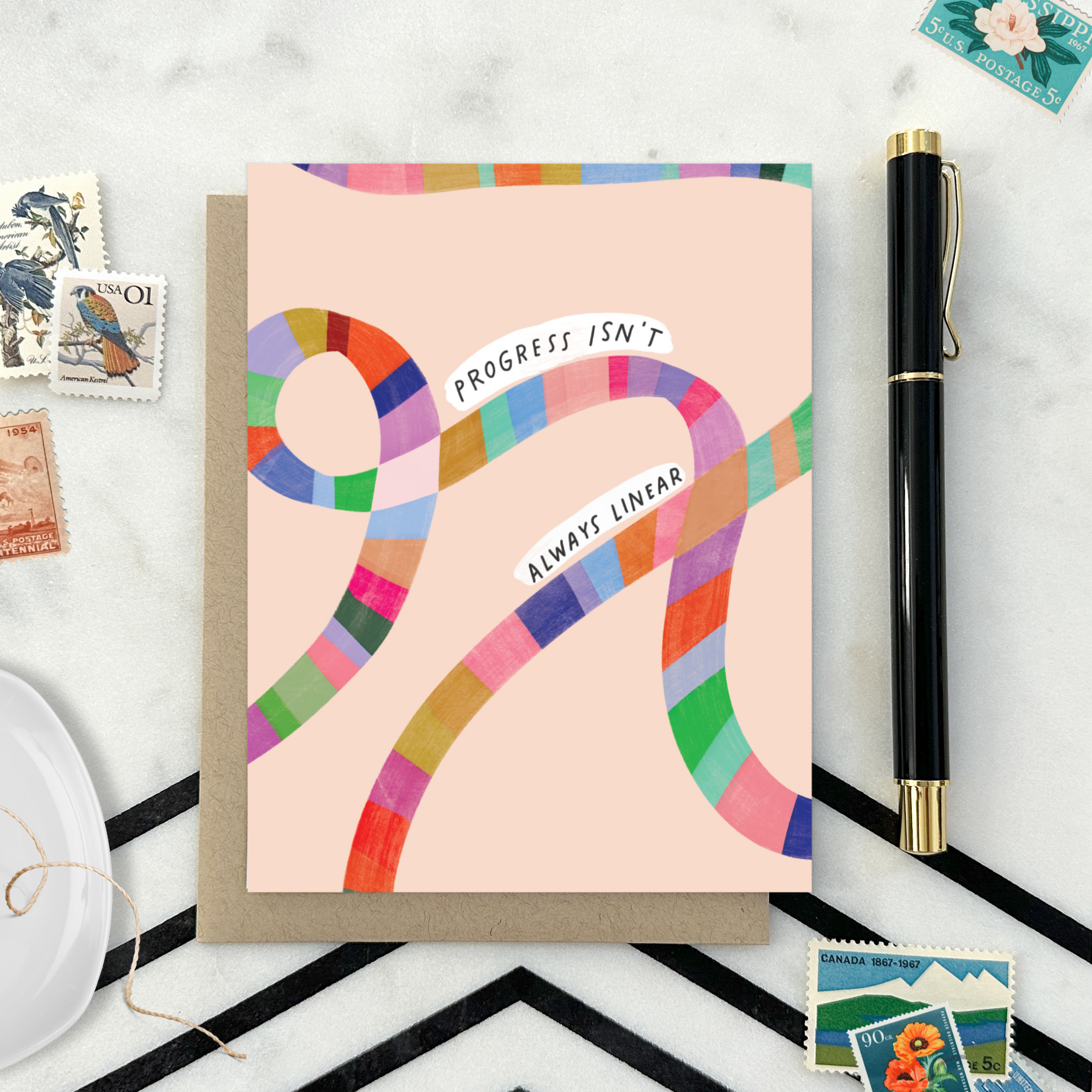 Friendship/encouragement greeting card with 'Progress isn't always linear ' text