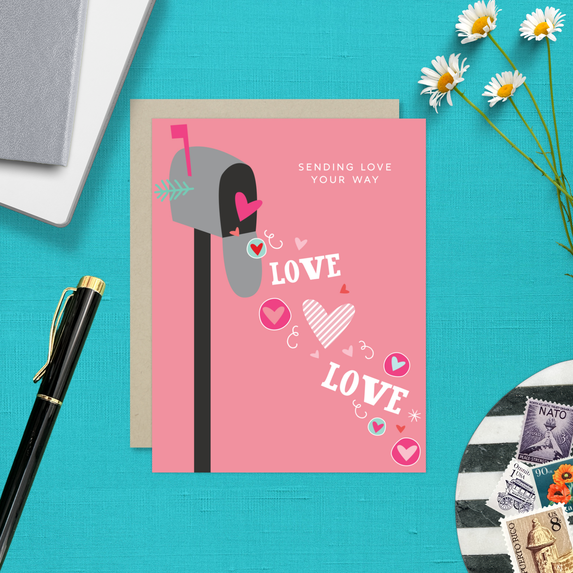 A Valentine's Day greeting card featuring a whimsical mailbox overflowing with love and playful hearts