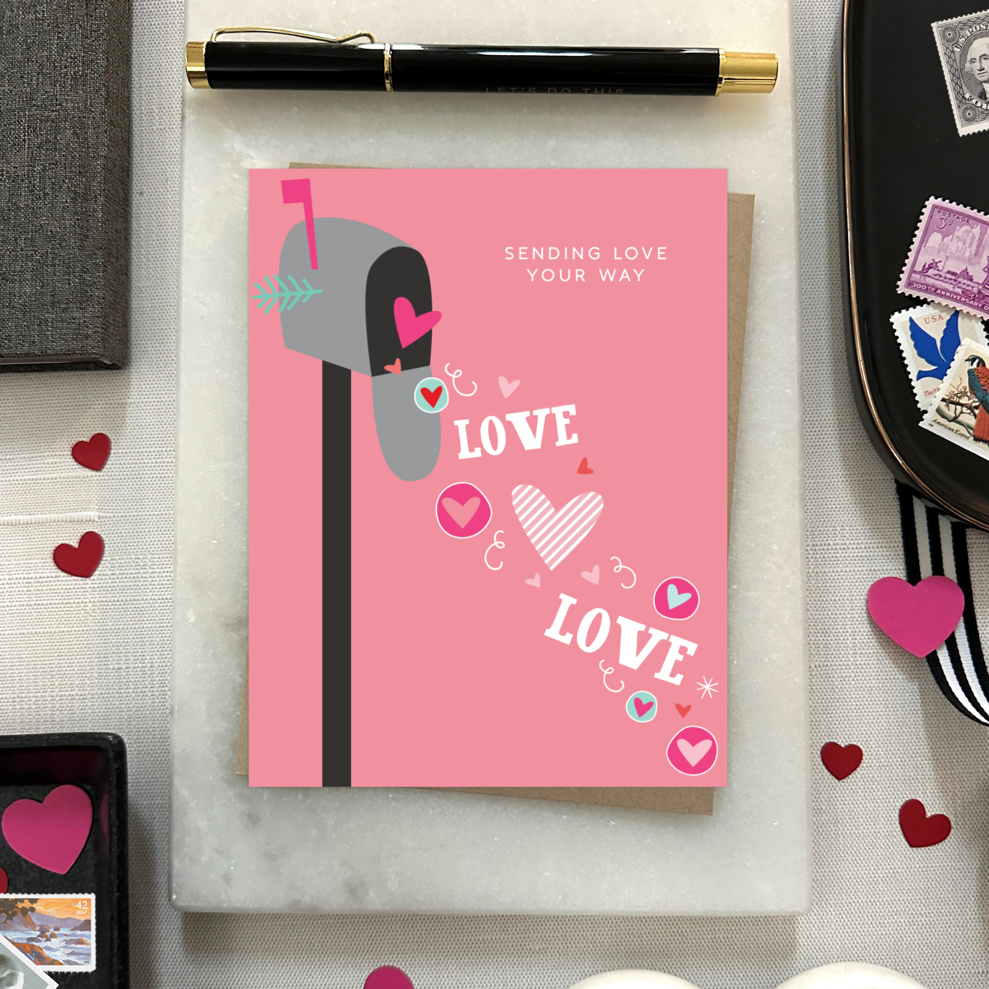 A Valentine's Day greeting card featuring a whimsical mailbox overflowing with love and playful hearts