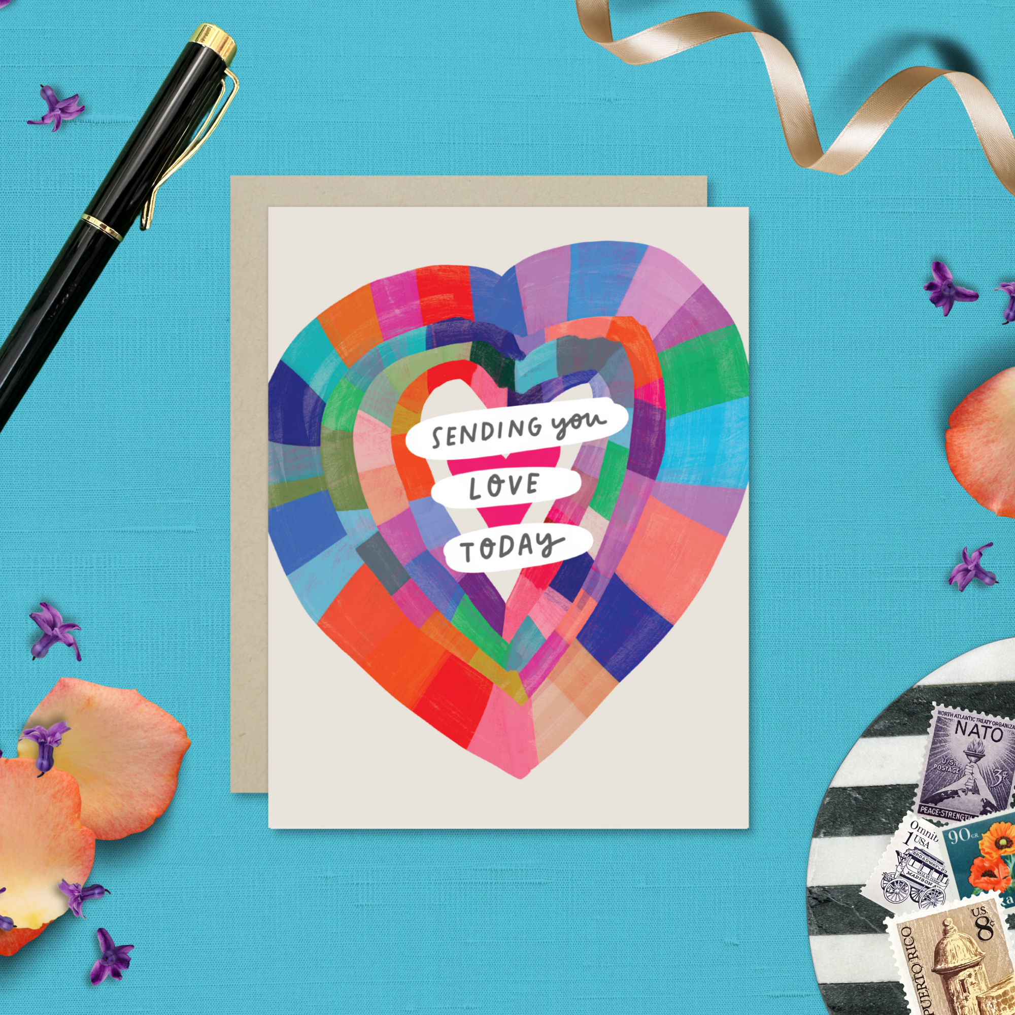 Friendship Greeting card with colorful heart and the words 'Sending you love today' 