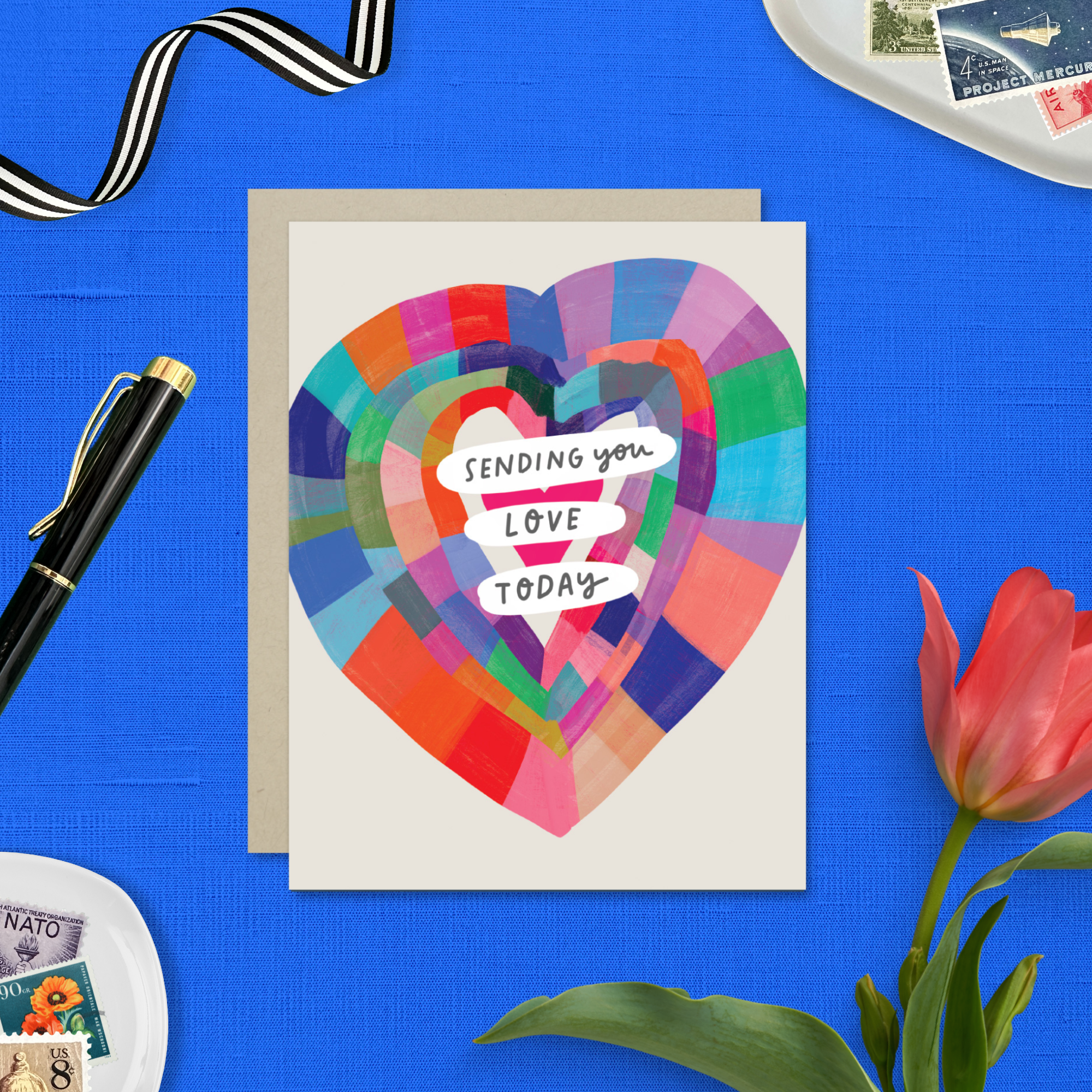 Friendship Greeting card with colorful heart and the words 'Sending you love today' 