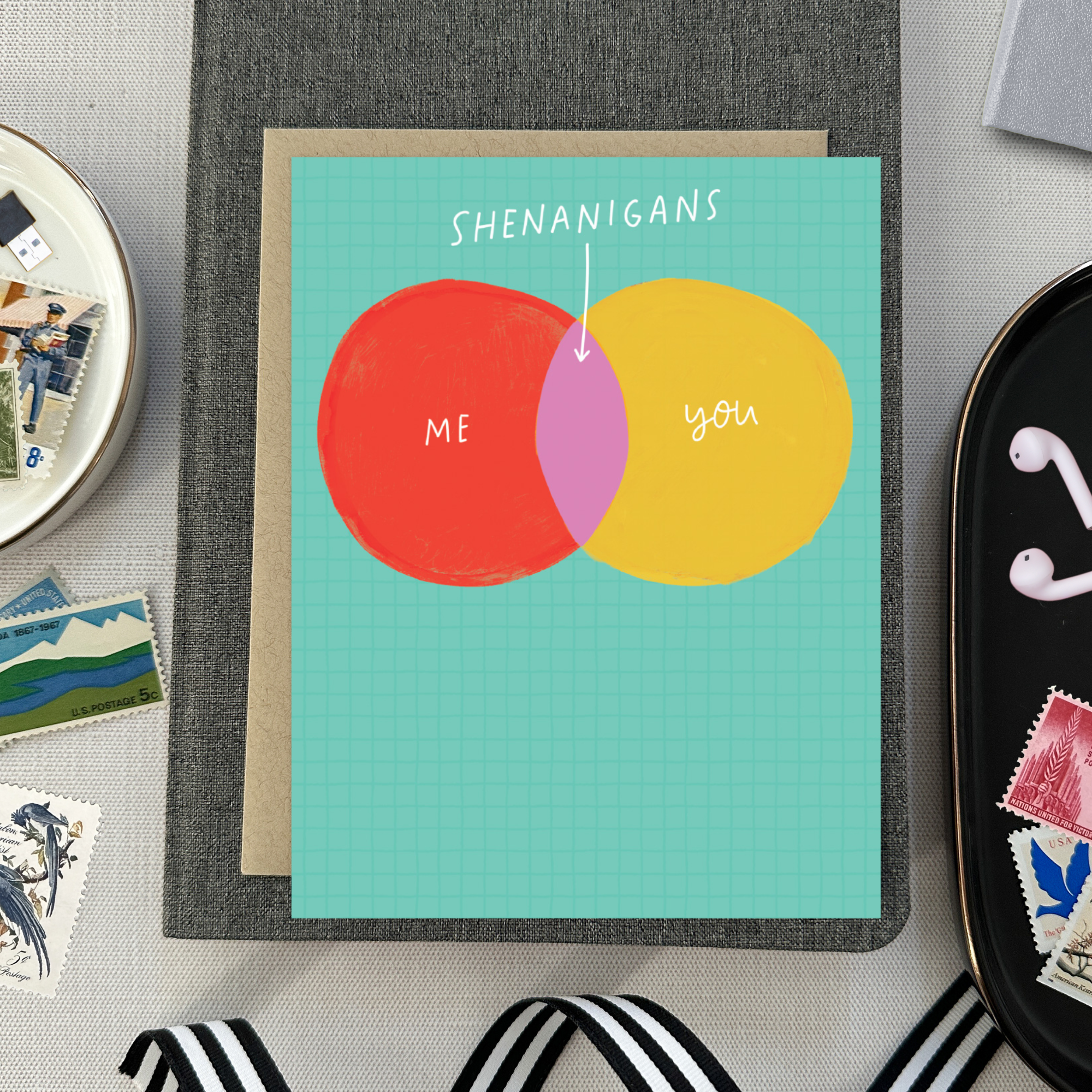 Friendship card with Venn diagram showing 'me' and 'you' with 'shenanigans' in the intersection on a teal background.