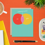 Friendship card with Venn diagram showing 'me' and 'you' with 'shenanigans' in the intersection on a teal background.