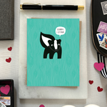 A sorry greeting card with an illustration of a skunk and the text 'Sorry I Stink' on a teal background.