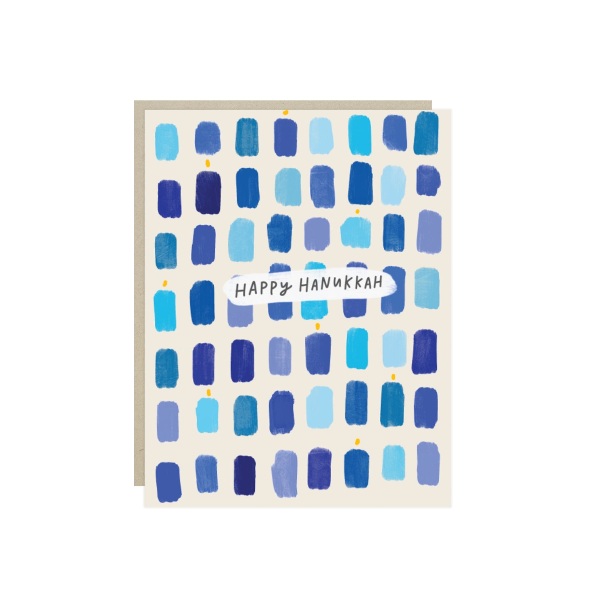 Hanukkah card with painterly candle-like swatches in shades of blue and the words 'Happy Hanukkah'.