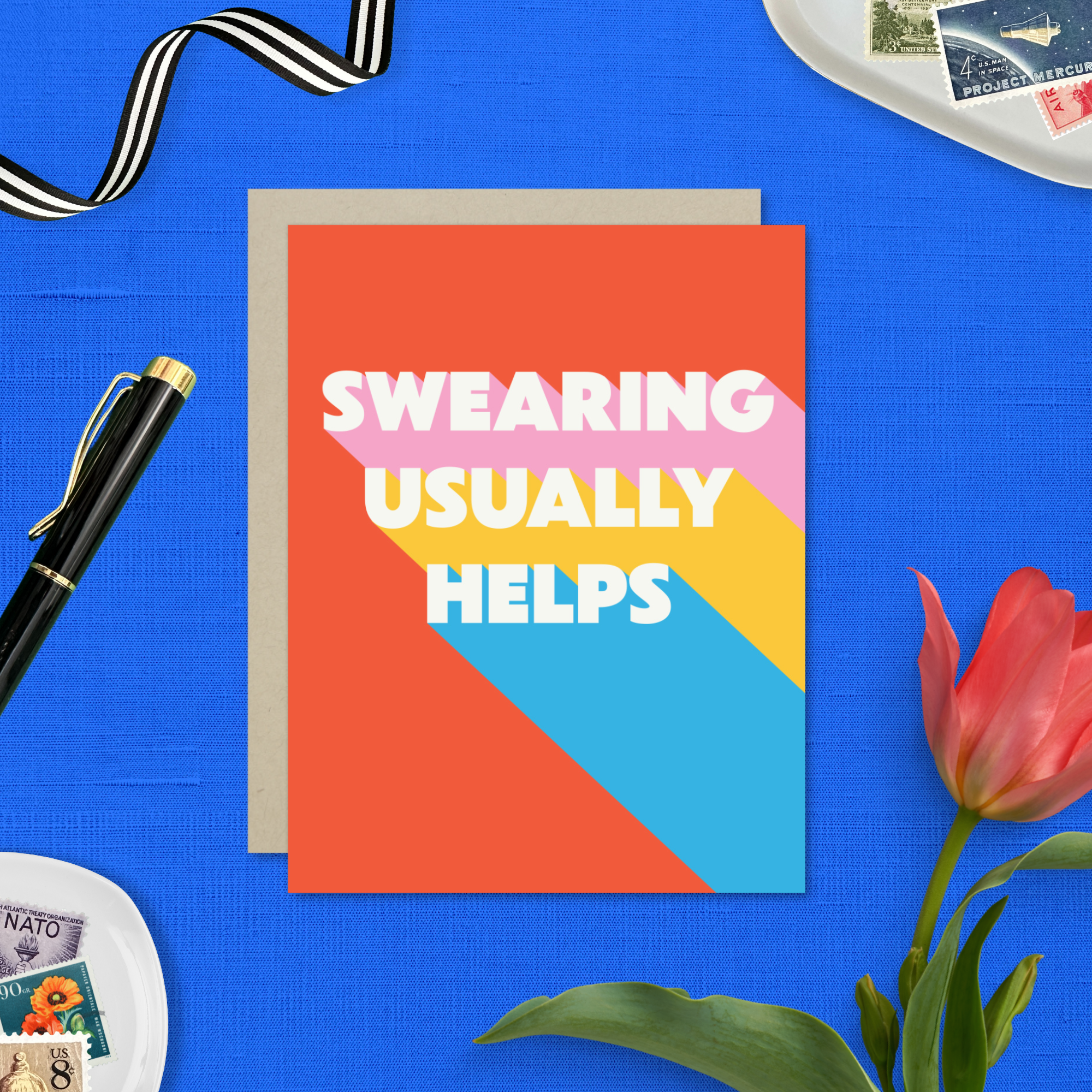 Friendship greeting card with 'swearing usually helps' text