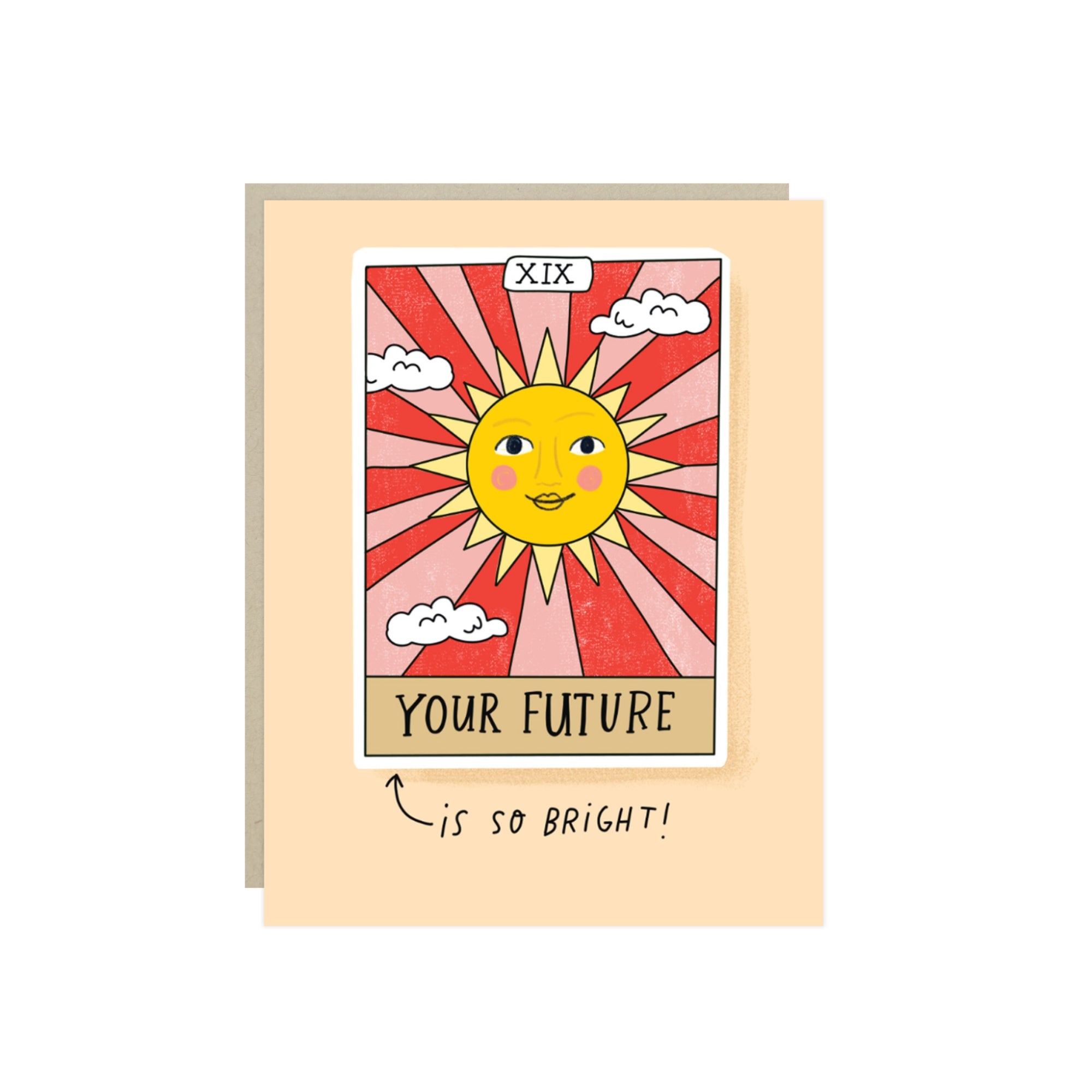 Graduation card styled like The Sun tarot card with a golden sun and the words 'Your future is so bright!'