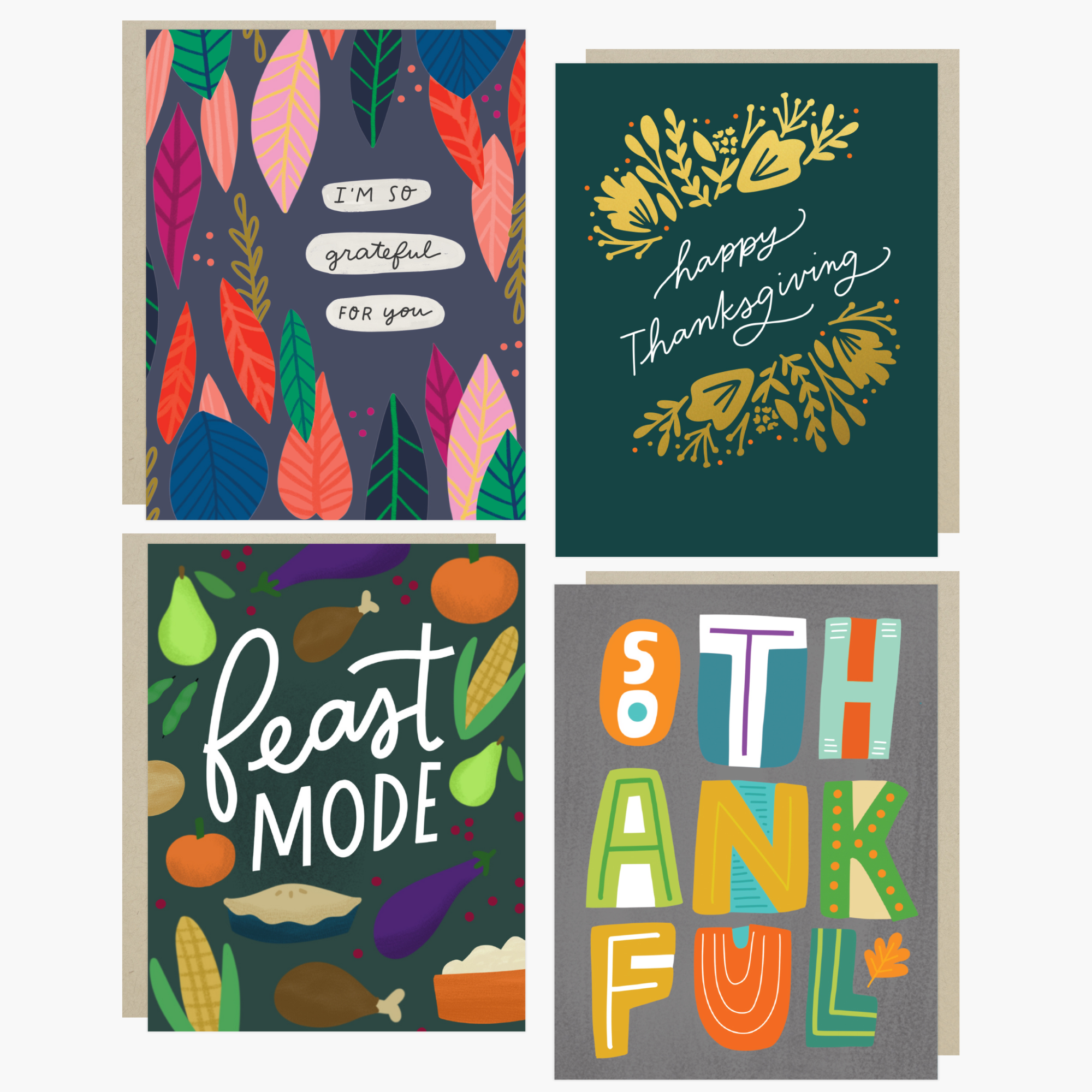Thanksgiving Greeting Card Bundle of 4 cards featuring "I'm so grateful for you," "Happy Thanksgiving," "Feast Mode," and "So Thankful" on white background
