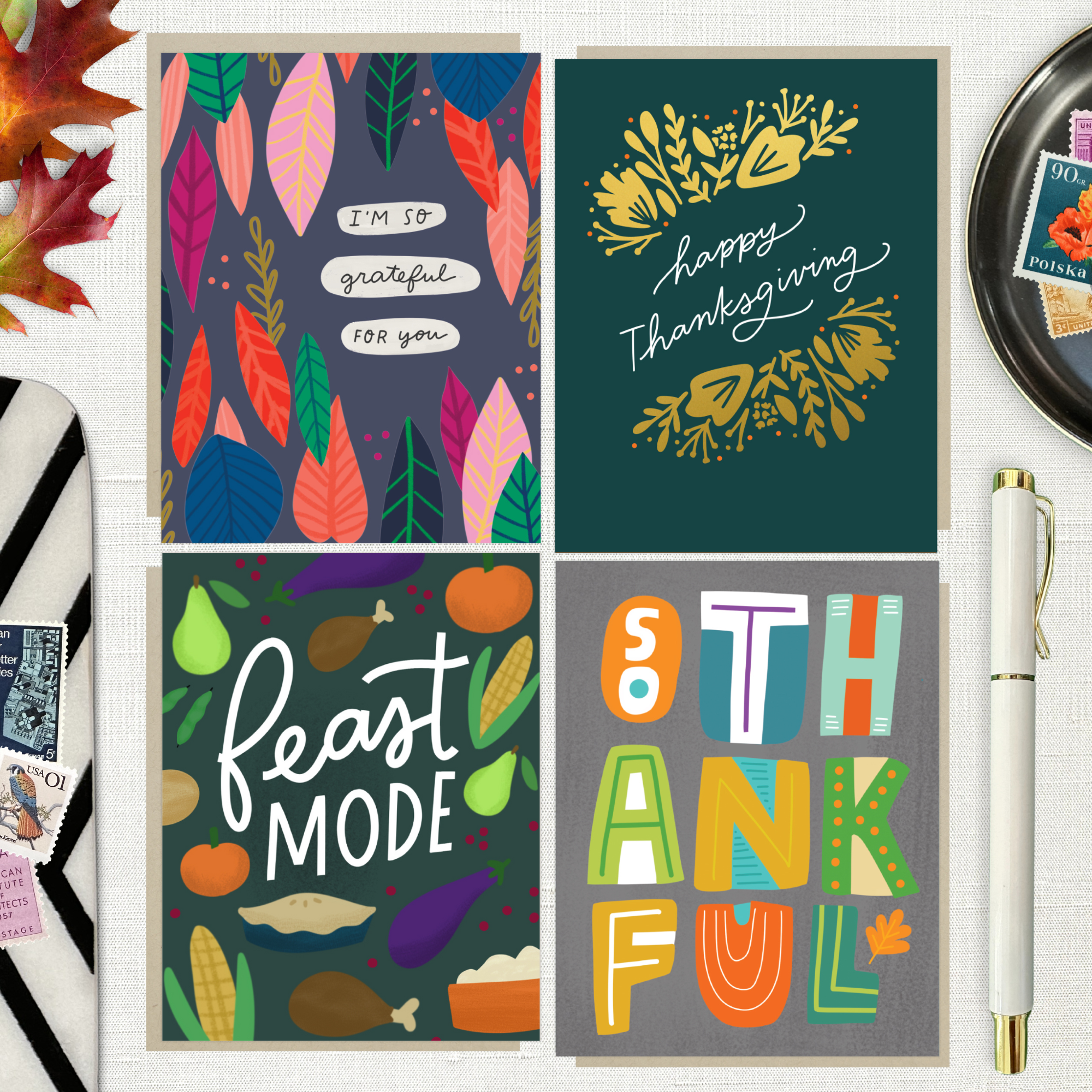 Four colorful greeting cards with autumn-themed designs and text featuring "I'm so grateful for you," "Happy Thanksgiving," "Feast Mode," and "So Thankful." 