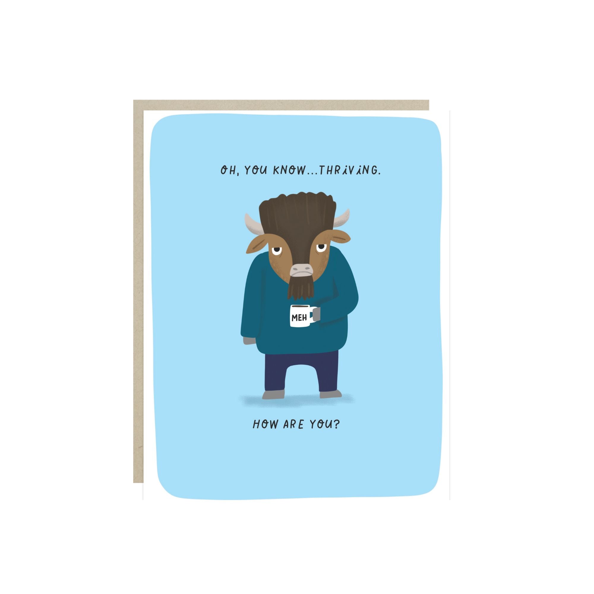 Greeting card with illustrated buffalo and supportive message for encouragement or thinking of you