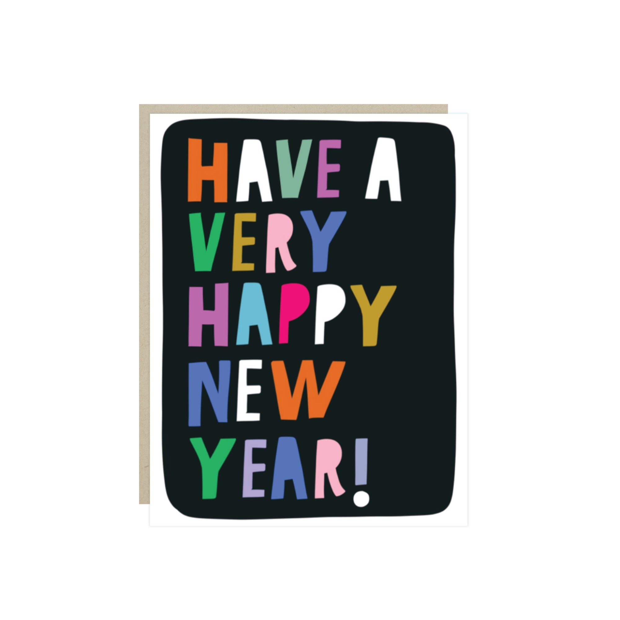 New Year card with bold, mismatched letters spelling 'Have a very happy new year!' on a black background.