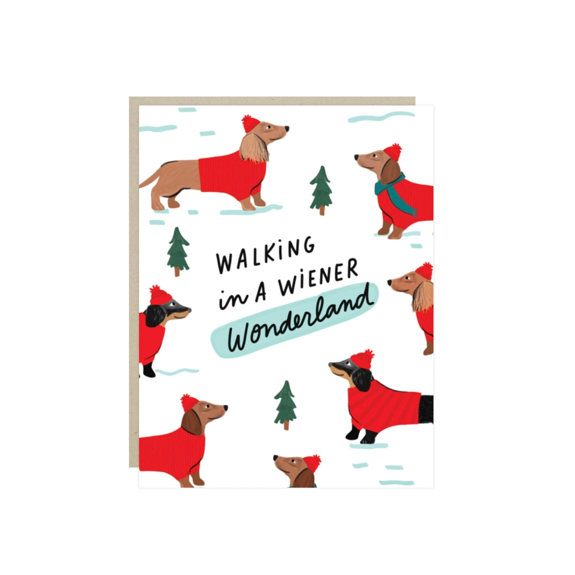 Funny holiday card with dachshunds in red sweaters and bobble hats and the words 'Walking in a Wiener Wonderland'.