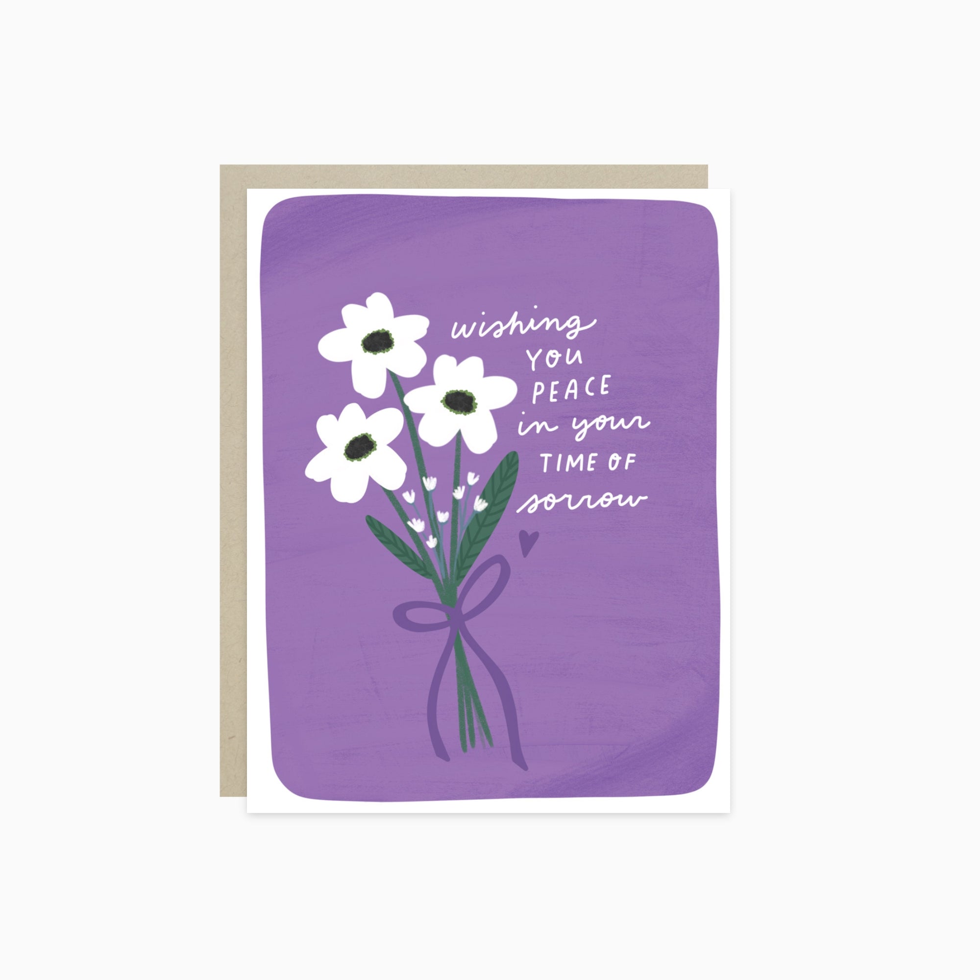 Sympathy greeting card with white flowers and "wishing you peace in your time of sorrow" text