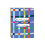 Birthday card with the words 'Wishing you a year full of joy' on a hand-painted plaid in bright colors.