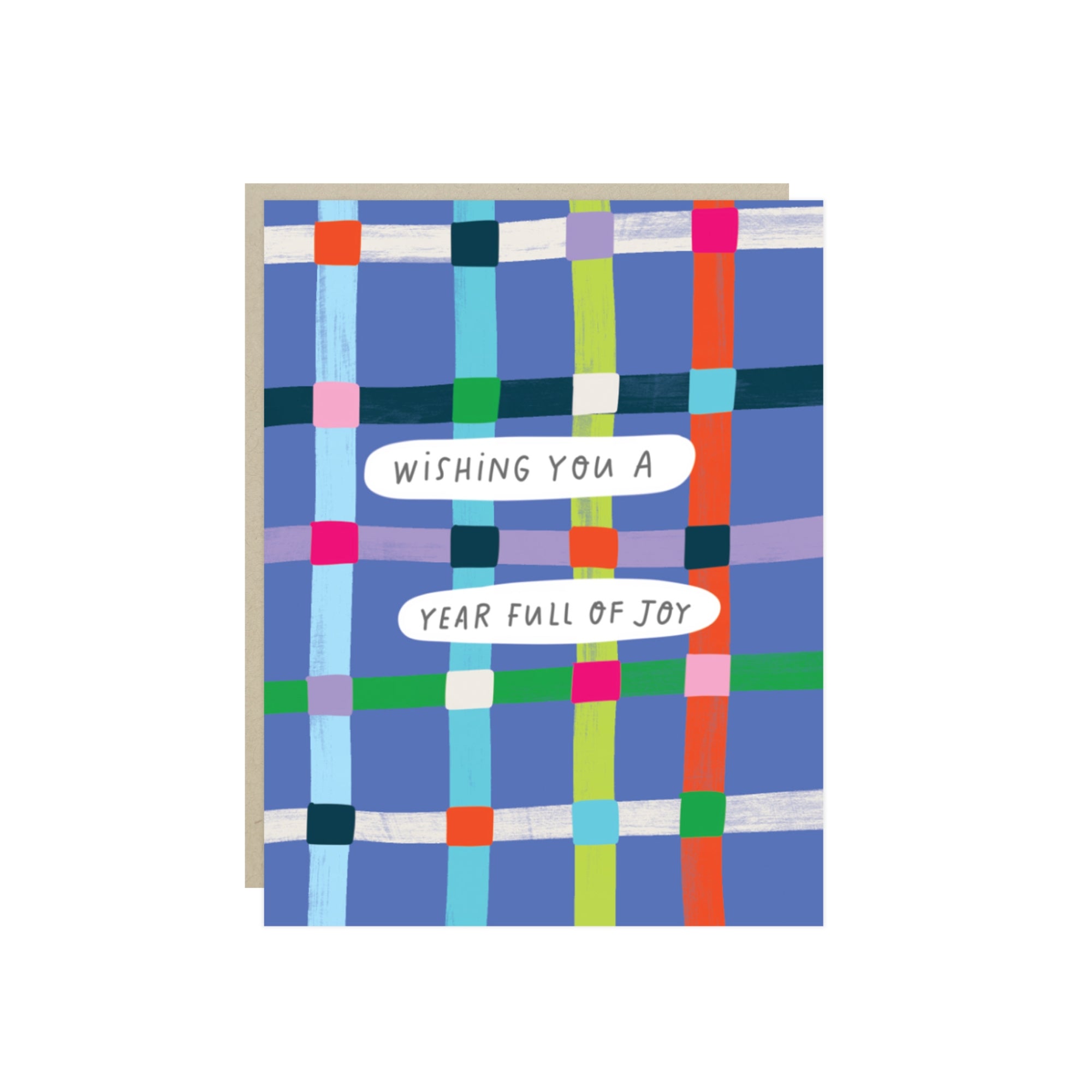 Birthday card with the words 'Wishing you a year full of joy' on a hand-painted plaid in bright colors.