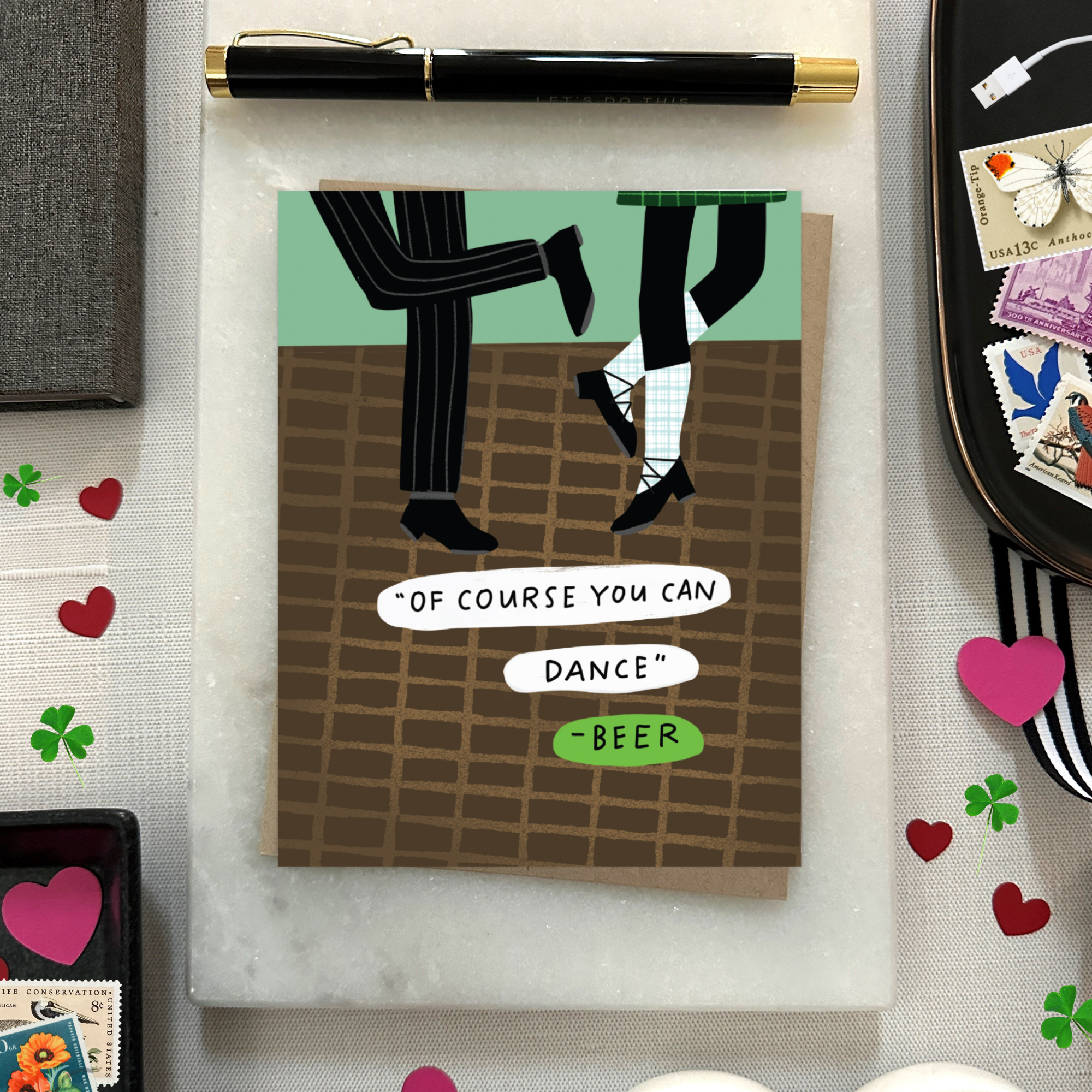 St. Patrick's day greeting card of 2 people dancing with the text '"of course you can dance" -beer'